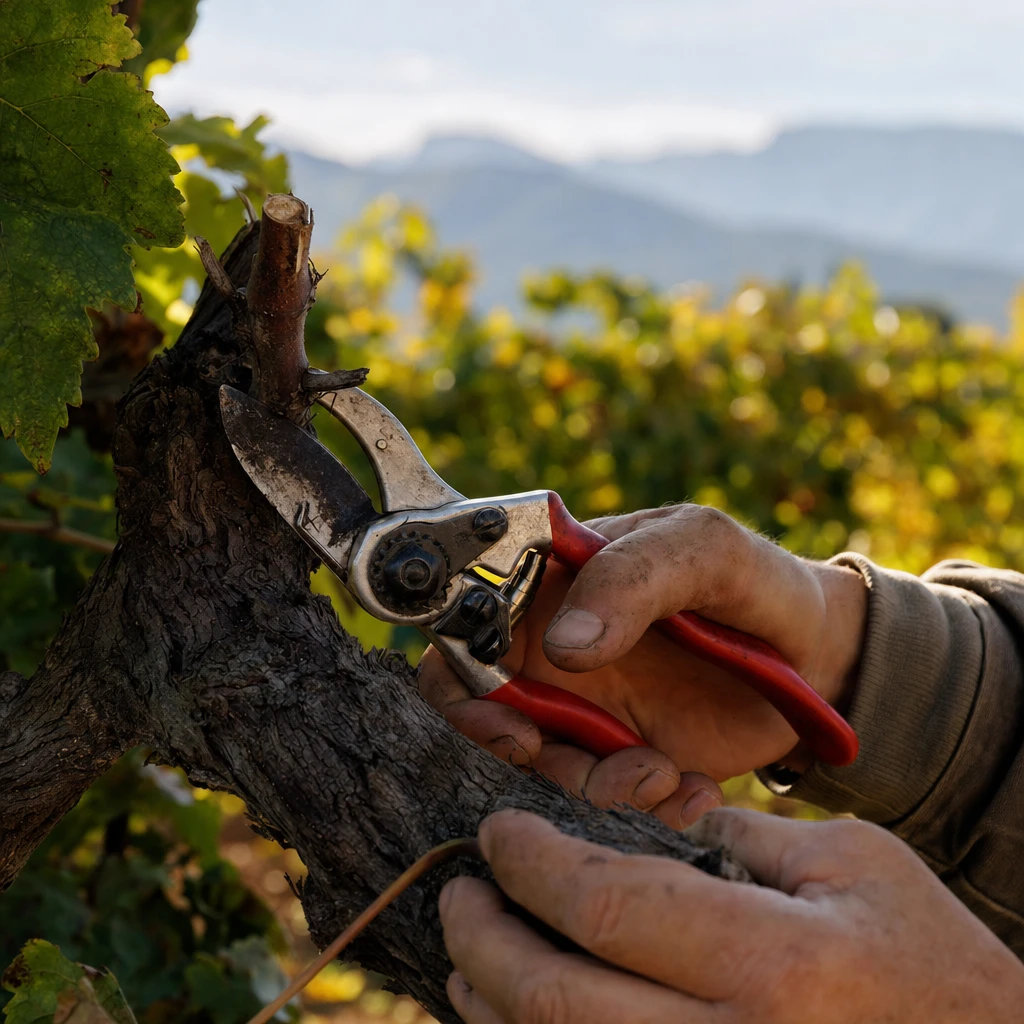 Sécateur professionnel taillant une branche de vigne