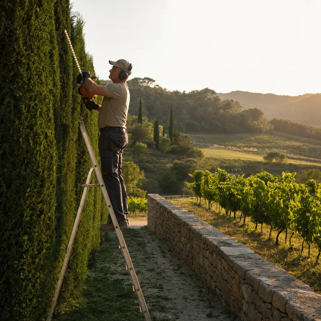 Taille de cyprès sur échelle devant un vignoble de l'Aude